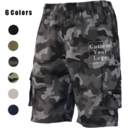 A pair of men's grey camouflage cargo shorts displayed on a white background, with a "6 Colors" label and six color swatches (black, beige, navy blue, army green, grey camo, green camo) on the left.