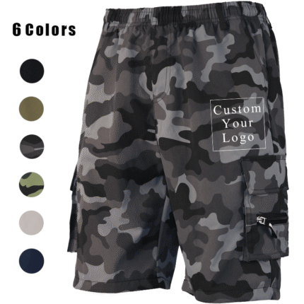 A pair of men's grey camouflage cargo shorts displayed on a white background, with a "6 Colors" label and six color swatches (black, beige, navy blue, army green, grey camo, green camo) on the left.