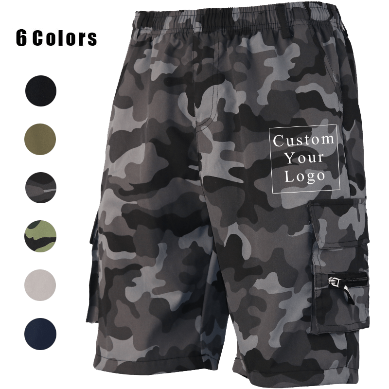 A pair of men's grey camouflage cargo shorts displayed on a white background, with a "6 Colors" label and six color swatches (black, beige, navy blue, army green, grey camo, green camo) on the left.