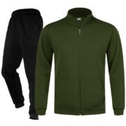 Unisex Plain Army Green Full-Zip Stand-Collar Fleece Tracksuit - Jacket and Black Cuffed Joggers Set