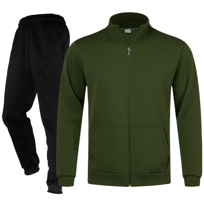 Unisex Plain Army Green Full-Zip Stand-Collar Fleece Tracksuit - Jacket and Black Cuffed Joggers Set