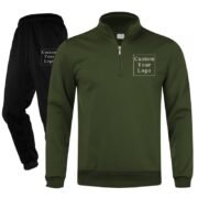Army Green Half-Zip Stand-Collar Fleece Tracksuit with Custom Print - Unisex & Free Design