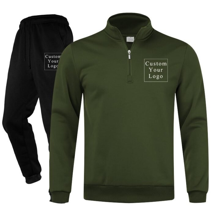 Army Green Half-Zip Stand-Collar Fleece Tracksuit with Custom Print - Unisex & Free Design