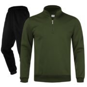 Unisex Plain Army Green Half-Zip Stand-Collar Fleece Tracksuit - Sweatshirt and Black Cuffed Joggers Set