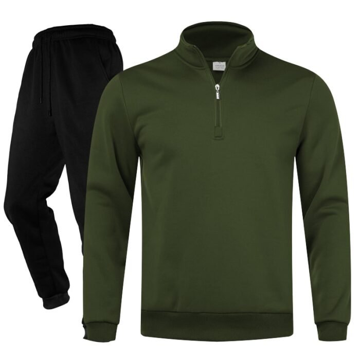Unisex Plain Army Green Half-Zip Stand-Collar Fleece Tracksuit - Sweatshirt and Black Cuffed Joggers Set