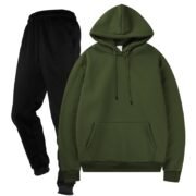 Unisex Plain Army Green Fleece Tracksuit - Hoodie and Black Cuffed Joggers Set