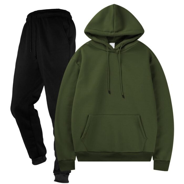 Unisex Plain Army Green Fleece Tracksuit - Hoodie and Black Cuffed Joggers Set