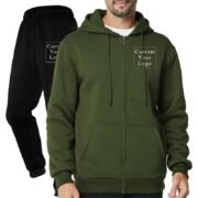 Army Green Full-Zip Fleece Tracksuit with Custom Print - Unisex & Free Design