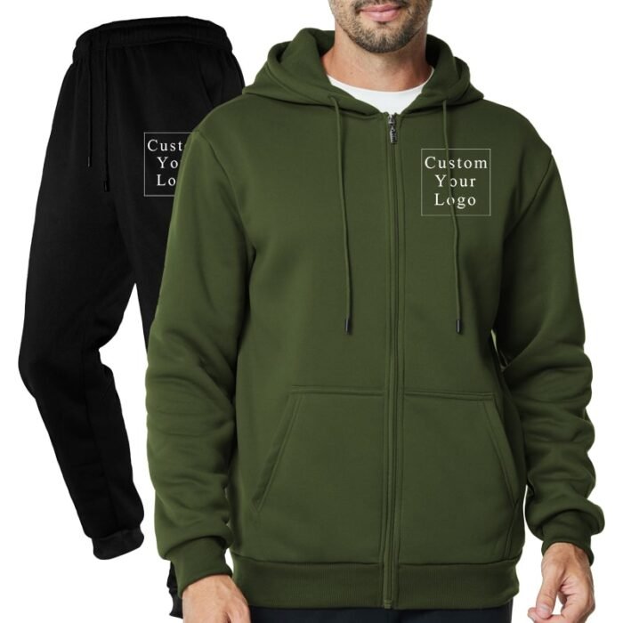 Army Green Full-Zip Fleece Tracksuit with Custom Print - Unisex & Free Design