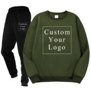 Army Green Crewneck Fleece Tracksuit with Custom Print - Unisex & Free Design