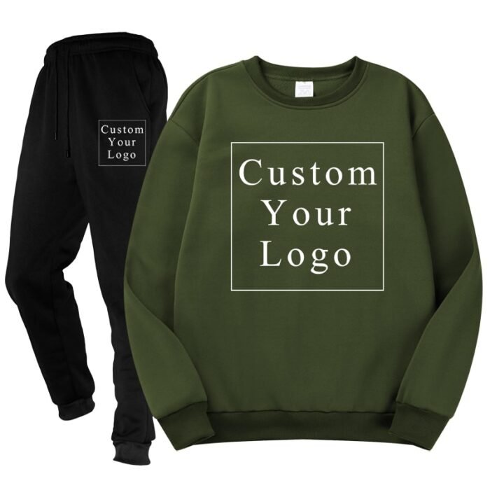 Army Green Crewneck Fleece Tracksuit with Custom Print - Unisex & Free Design
