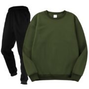 Unisex Plain Army Green Crewneck Fleece Tracksuit - Sweatshirt and Black Cuffed Joggers Set