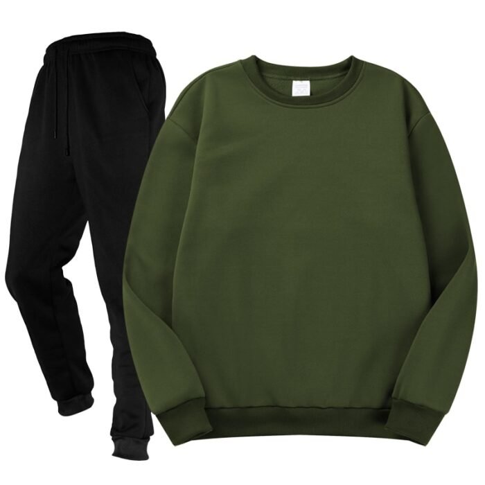 Unisex Plain Army Green Crewneck Fleece Tracksuit - Sweatshirt and Black Cuffed Joggers Set