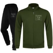 Army Green Full-Zip Stand-Collar Fleece Tracksuit with Custom Print - Unisex & Free Design