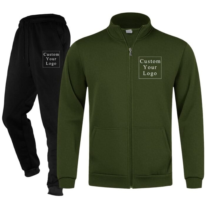 Army Green Full-Zip Stand-Collar Fleece Tracksuit with Custom Print - Unisex & Free Design