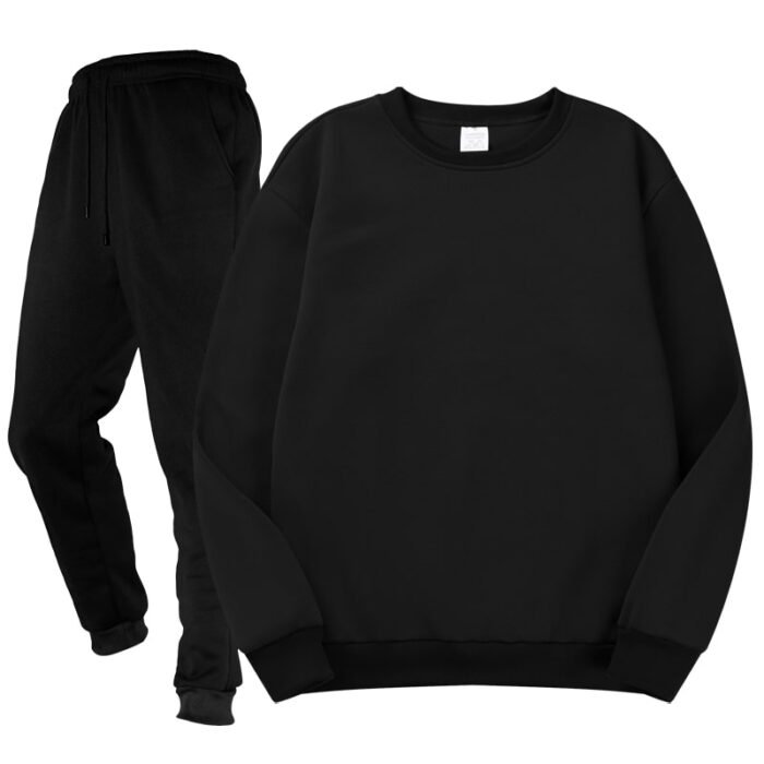Unisex Plain Black Crewneck Fleece Tracksuit - Sweatshirt and Cuffed Joggers Set