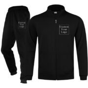 Black Full-Zip Stand-Collar Fleece Tracksuit with Custom Print - Unisex & Free Design