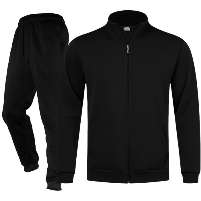 Unisex Plain Black Full-Zip Stand-Collar Fleece Tracksuit - Jacket and Cuffed Joggers Set