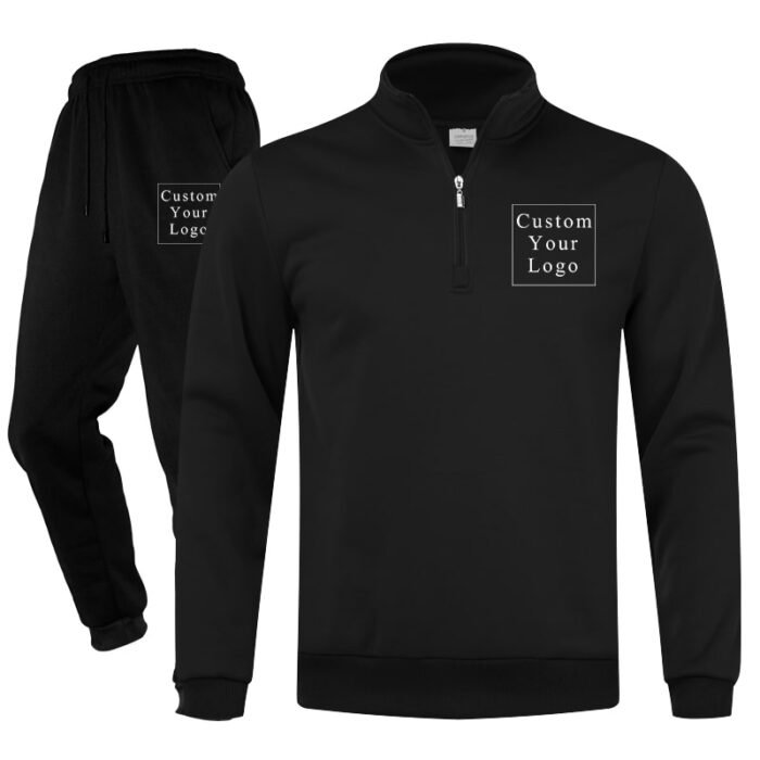 Black Half-Zip Stand-Collar Fleece Tracksuit with Custom Print - Unisex & Free Design