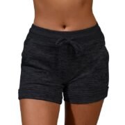 Plain Black Women's Drawstring Shorts with Pockets - Textured Fabric, Classic Casual Wear