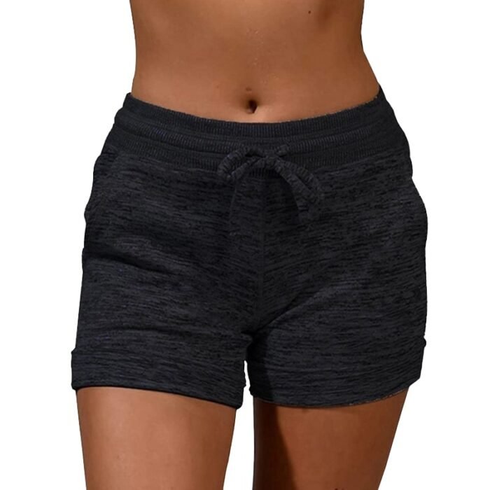 Plain Black Women's Drawstring Shorts with Pockets - Textured Fabric, Classic Casual Wear