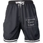 Black Men's Drawstring Shorts with Custom Print, Zipper Pockets & Striped Hem - FREE Customization