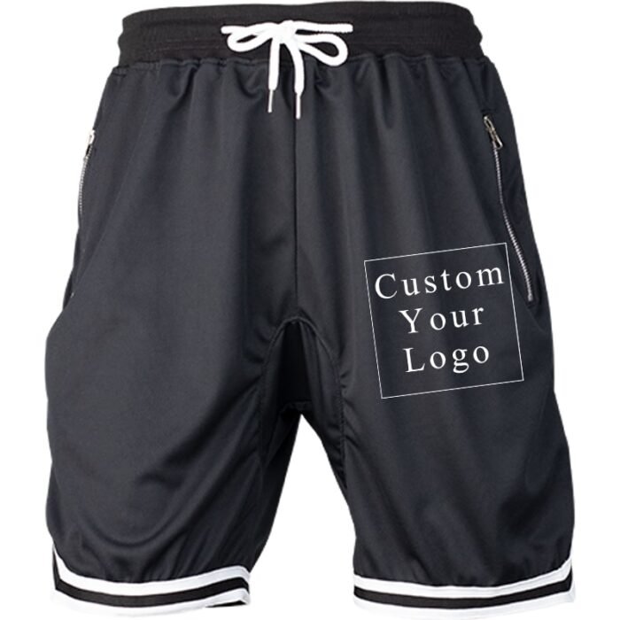 Black Men's Drawstring Shorts with Custom Print, Zipper Pockets & Striped Hem - FREE Customization