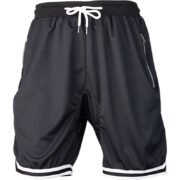 Plain Black Men's Drawstring Shorts with Zipper Pockets & Striped Hem - Classic Casual Wear