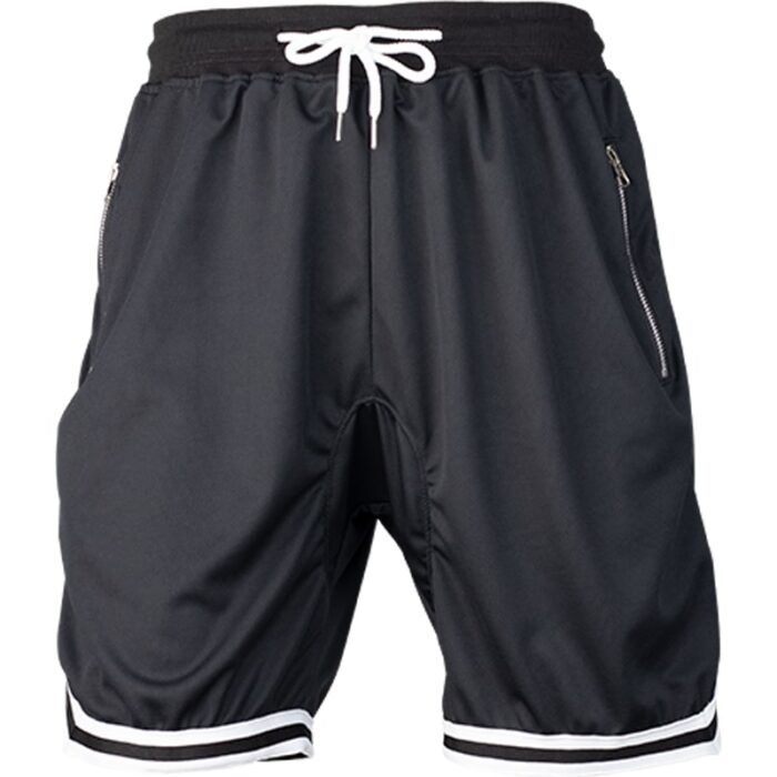 Plain Black Men's Drawstring Shorts with Zipper Pockets & Striped Hem - Classic Casual Wear