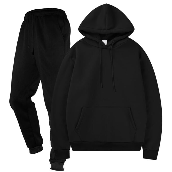 Unisex Plain Black Fleece Tracksuit - Hoodie and Cuffed Joggers Set