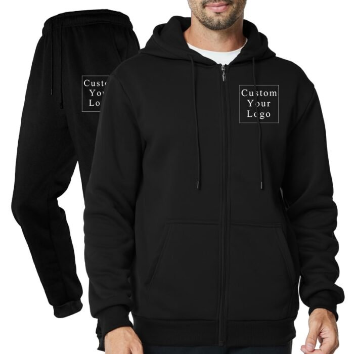 Black Full-Zip Fleece Tracksuit with Custom Print - Unisex & Free Design