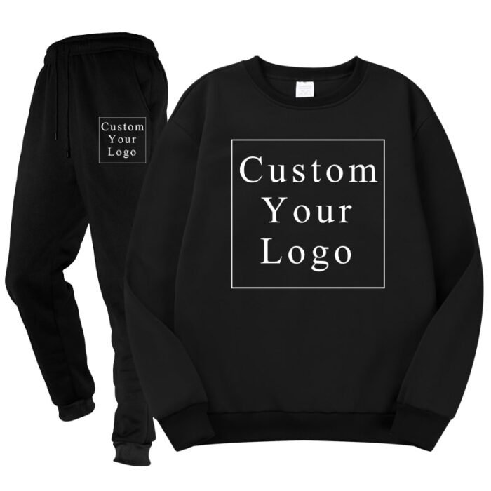 Black Crewneck Fleece Tracksuit with Custom Print - Unisex & Free Design