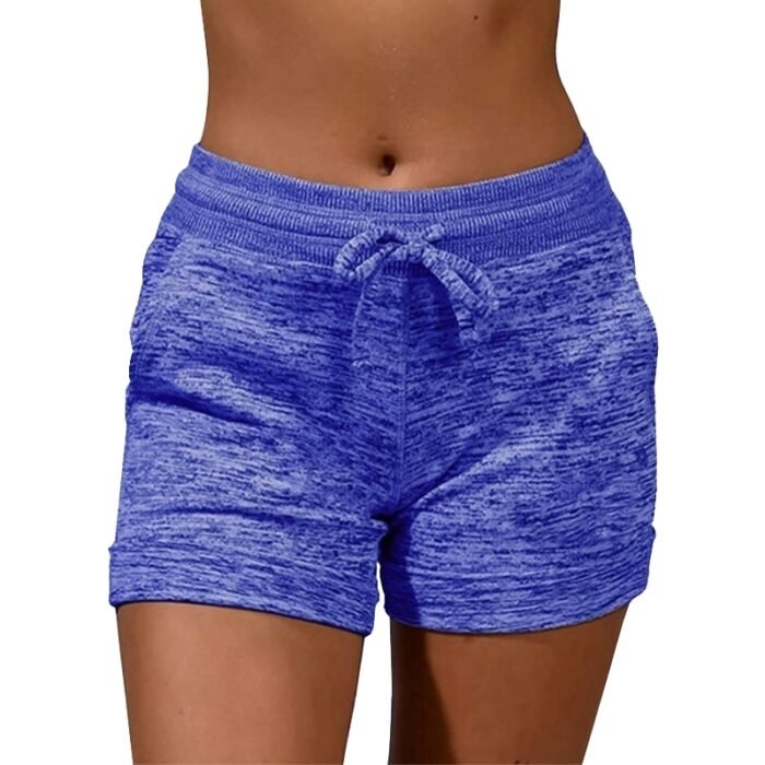 Plain Blue Women's Drawstring Shorts with Pockets - Textured Fabric, Ideal for Casual Wear