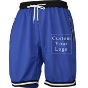 Blue Men's Drawstring Shorts with Custom Print, Zipper Pockets & Striped Hem - FREE Customization