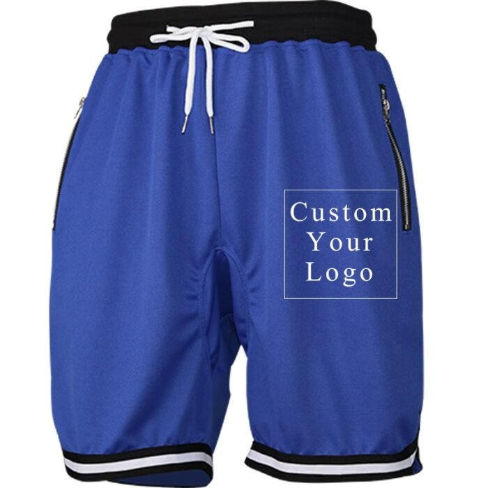 Blue Men's Drawstring Shorts with Custom Print, Zipper Pockets & Striped Hem - FREE Customization