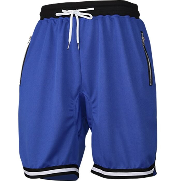 Plain Blue Men's Drawstring Shorts with Zipper Pockets & Striped Hem - Classic Casual Wear