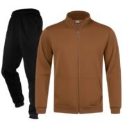 Unisex Plain Brown Full-Zip Stand-Collar Fleece Tracksuit - Jacket and Black Cuffed Joggers Set
