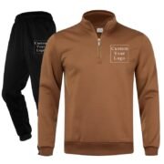 Brown Half-Zip Stand-Collar Fleece Tracksuit with Custom Print - Unisex & Free Design