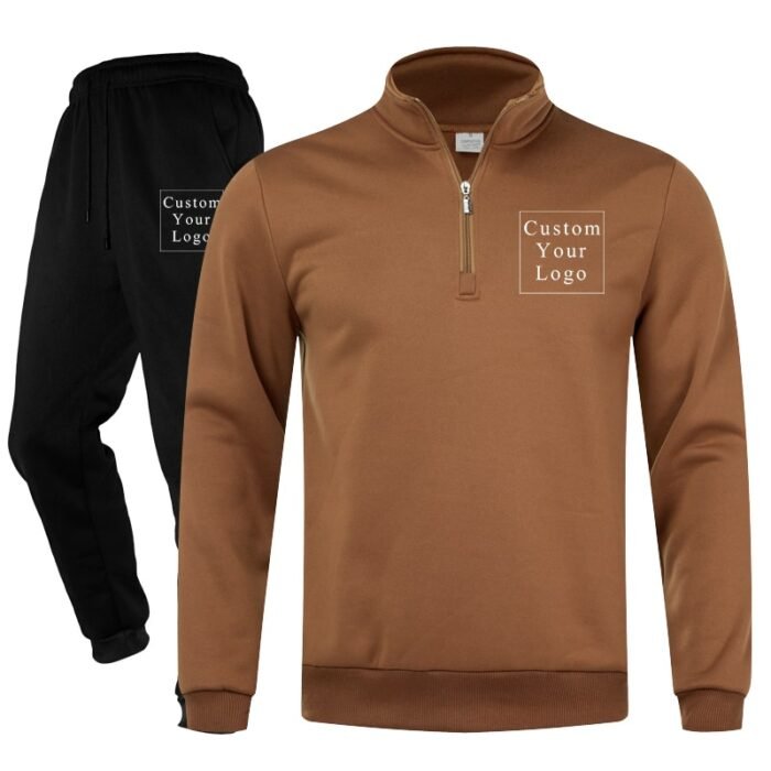 Brown Half-Zip Stand-Collar Fleece Tracksuit with Custom Print - Unisex & Free Design