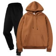 Unisex Plain Brown Fleece Tracksuit - Hoodie and Black Cuffed Joggers Set