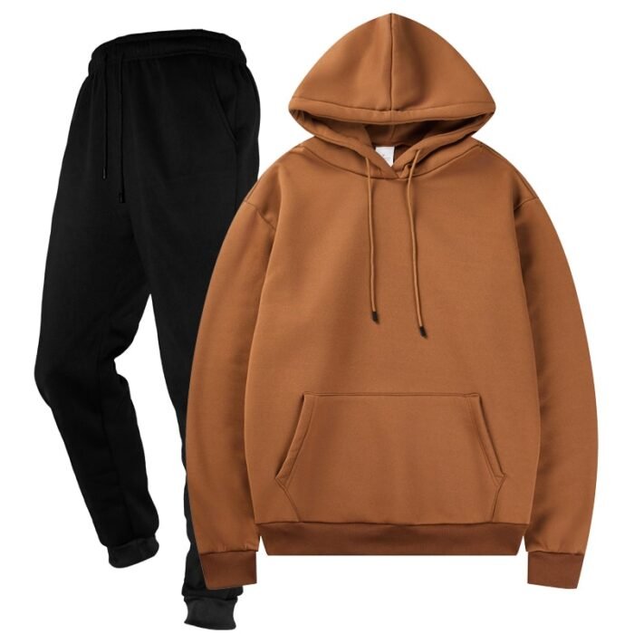 Unisex Plain Brown Fleece Tracksuit - Hoodie and Black Cuffed Joggers Set