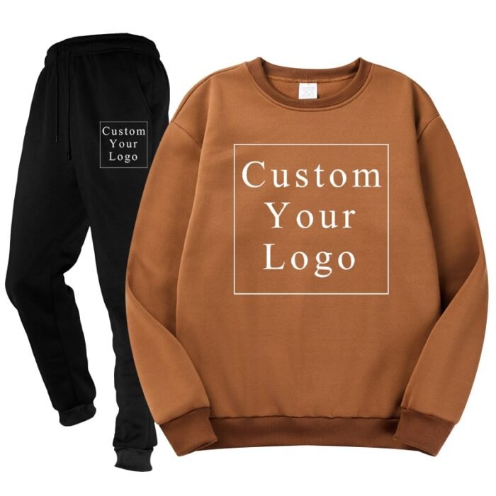Brown Crewneck Fleece Tracksuit with Custom Print - Unisex & Free Design