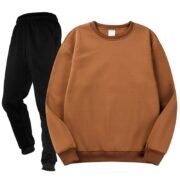 Unisex Plain Brown Crewneck Fleece Tracksuit - Sweatshirt and Black Cuffed Joggers Set