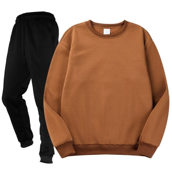 Unisex Plain Brown Crewneck Fleece Tracksuit - Sweatshirt and Black Cuffed Joggers Set