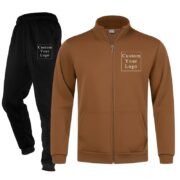 Brown Full-Zip Stand-Collar Fleece Tracksuit with Custom Print - Unisex & Free Design