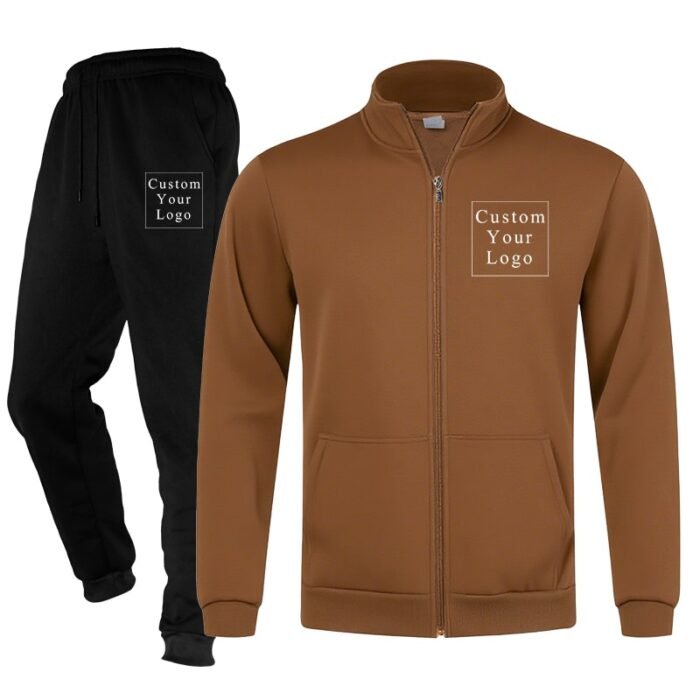 Brown Full-Zip Stand-Collar Fleece Tracksuit with Custom Print - Unisex & Free Design