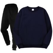 Unisex Plain Dark Blue Crewneck Fleece Tracksuit - Sweatshirt and Black Cuffed Joggers Set