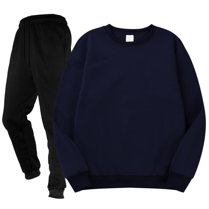 Unisex Plain Dark Blue Crewneck Fleece Tracksuit - Sweatshirt and Black Cuffed Joggers Set