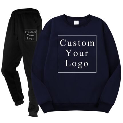 Dark Blue Crewneck Fleece Tracksuit with Custom Print - Unisex & Free Design