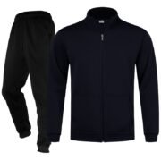 Unisex Plain Dark Blue Full-Zip Stand-Collar Fleece Tracksuit - Jacket and Black Cuffed Joggers Set